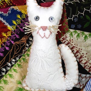 Kitten Pillow Doll Small White Linen Lawn Fabric 5&quot;x8&quot; ALL Hand Sewn - Hand Embroidered White Embroidered Handkerchief Kitten