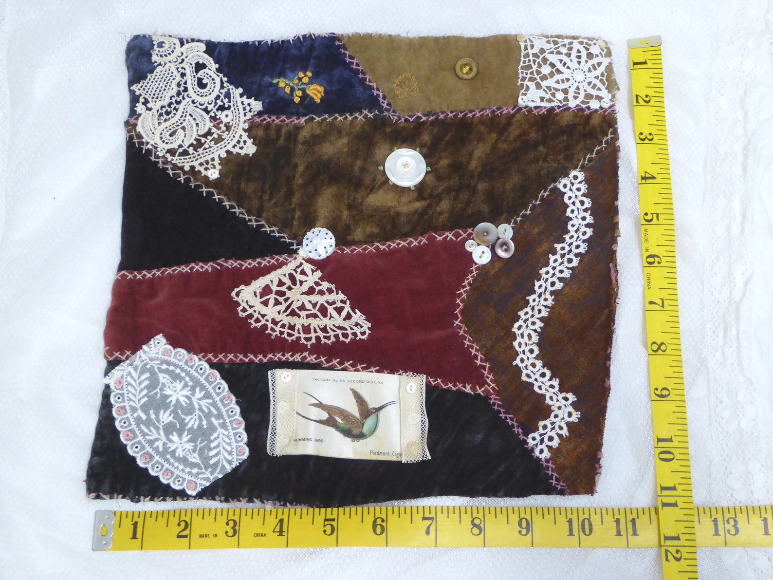Antique Velvet Crazy Quilt Piece Embroidered Antique Lace Etsy