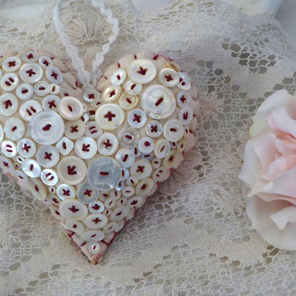 Victorian Heart Mother of Pearl Button Art Ornament 2, Large Heart Mother Of Pearl Button Made of Vintage Quilts Hand Sewn, Memorial Heart 2