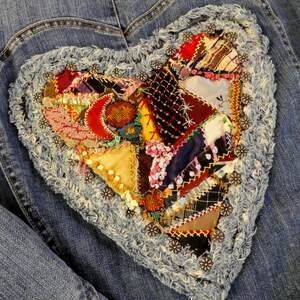 Brighton Jacket Size Large &quot;Follow Your Heart&quot; Fitted Jean Jacket by Brighton Up-cycled with Silk Crazy Quilt ONE OF A KIND Brighton Gift
