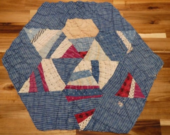 Antique Quilt Block Star 1890-1910 Red White Blue 15"x18", Antique Patched Log Cabin Star Red White Blue Calico