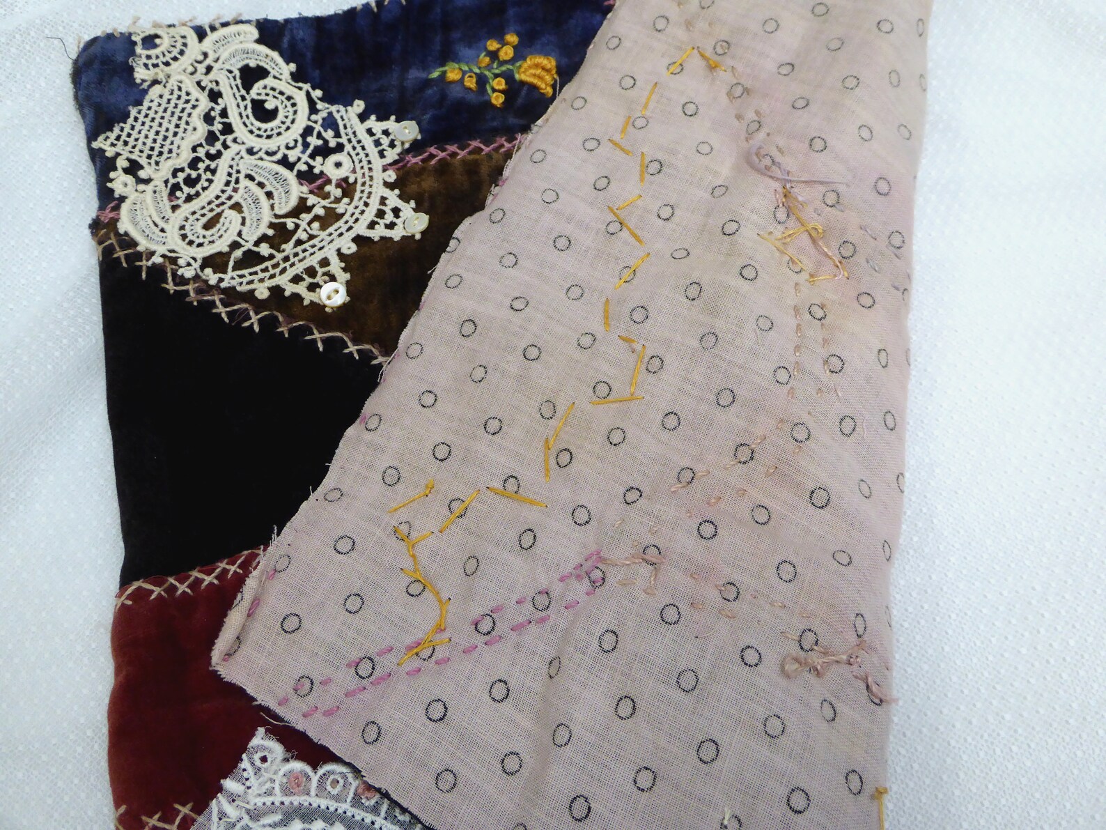 Antique Velvet Crazy Quilt Piece Embroidered Antique Lace Etsy