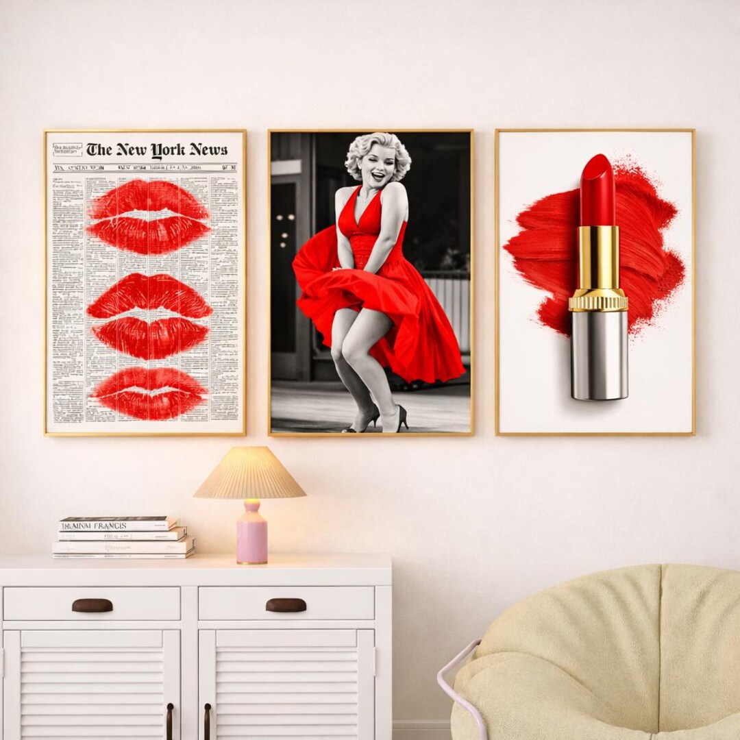Glam Wall Art Set of 3 | Marilyn Monroe | Red Lipstick Fashion Prints ...