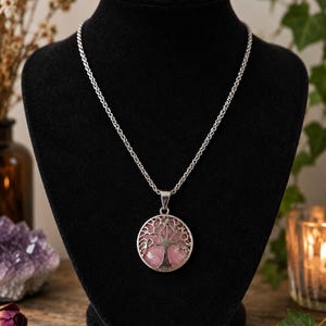 Rose Quartz Tree of Life Pendant – Stainless Steel Necklace, Spiritual Jewellery