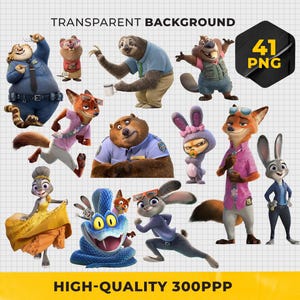 Puede incluir: Una colección de 12 imágenes de personajes de dibujos animados de la película Zootrópolis, incluyendo un zorro, un conejo, un perezoso y un oso. Las imágenes están en formato PNG con fondo transparente. También incluye el texto "TRANSPARENT BACKGROUND" y "HIGH-QUALITY 300PPP".