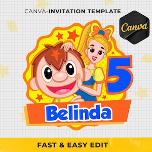 Puede incluir: Una plantilla de invitación Canva colorida con personajes de dibujos animados, el número 5 y el nombre "Belinda". El diseño incluye el texto "CANVA-INVITATION TEMPLATE" y "FAST & EASY EDIT".