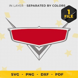 May include: A vector graphic of a red and gray car emblem, with the text "IN LAYER - SEPARATED BY COLORS" at the top. The image also includes the text "SVG - PNG - DXF - PDF". A black hexagon with the number "1 FILE" is in the upper right corner.