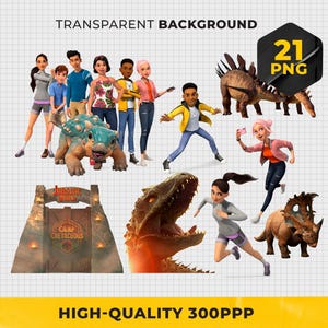 Puede incluir: Ilustraciones digitales con personajes y dinosaurios de "Camp Cretaceous". La imagen incluye varios personajes en poses de acción, junto con varias especies de dinosaurios y la puerta de Camp Cretaceous. La imagen también incluye el texto "TRANSPARENT BACKGROUND" y "HIGH-QUALITY 300PPP".
