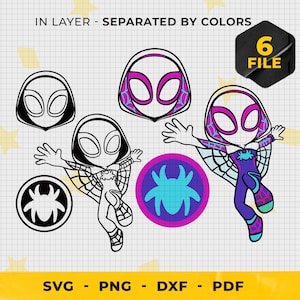 May include: Digital graphic set featuring Spider-Gwen in various poses and styles. Includes a black and white outline, a colour version, and a circular spider emblem. Text includes "IN LAYER - SEPARATED BY COLORS", "6 FILE", and file type abbreviations.