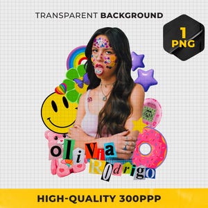 Puede incluir: Gráfico digital con Olivia Rodrigo con pegatinas coloridas en la cara, rodeada de un arcoíris, una carita sonriente, estrellas, una rosquilla y un osito de peluche. El texto incluye "Olivia Rodrigo" y "1 PNG".