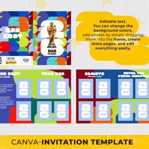 May include: A Canva invitation template with a colorful design. The template includes text that says "DAD" and "PATRICK", and "THE BEST DAD ALBUM". It also includes editable text and photo placeholders.