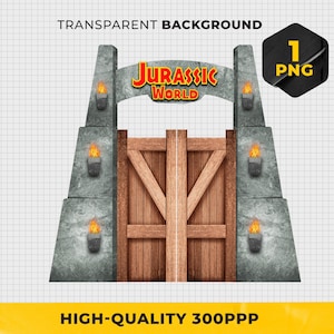 Pode incluir: Uma ilustração digital do portão do Jurassic World. O portão é feito de pedra cinza e apresenta uma porta de madeira. O logotipo do Jurassic World é exibido acima do portão. A imagem inclui o texto "TRANSPARENT BACKGROUND" e "HIGH-QUALITY 300PPP".
