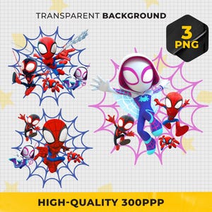 Puede incluir: Un conjunto de imágenes PNG de personajes de Spider-Man. Las imágenes muestran a Spider-Man, Spider-Gwen y otros personajes en poses dinámicas, sobre un fondo de telaraña. También se ve el texto "TRANSPARENT BACKGROUND" y "HIGH-QUALITY 300PPP".
