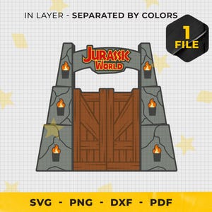 Könnte beinhalten: Vektorgrafik des Jurassic World-Tors mit einer braunen Holztür, grauen Steinmauern und dem Jurassic World-Logo. Das Bild enthält den Text "IN LAYER - SEPARATED BY COLORS" und "SVG - PNG - DXF - PDF".