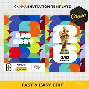 May include: A Canva invitation template with a colorful geometric design. The design includes a gold trophy with a father and child, the text "DAD PATRICK", and the words "BAD GOAT". Additional text includes "FOR MY DAD, WITH LOVE" and "SPECIAL EDITION 2026".