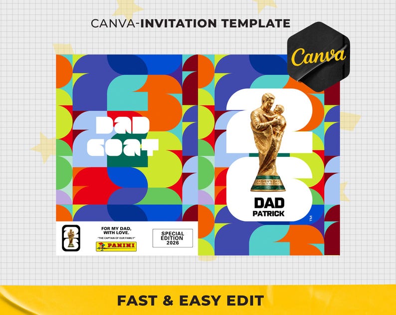 May include: A Canva invitation template with a colorful geometric design. The design includes a gold trophy with a father and child, the text "DAD PATRICK", and the words "BAD GOAT". Additional text includes "FOR MY DAD, WITH LOVE" and "SPECIAL EDITION 2026".