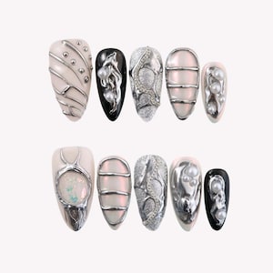 Insane Press on Nails | Cyberpunk Gothic Grunge Nails | Black, Chrome & Pearl 3D Sculpted Nails | Edgy Chain Studded Manicure for Women