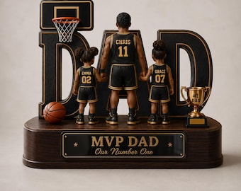 May include: A dark brown wooden basketball-themed trophy with the word "DAD" in large letters. The trophy features a basketball hoop, a basketball, and a small gold trophy. The text "MVP DAD Our Number One" is on the base.