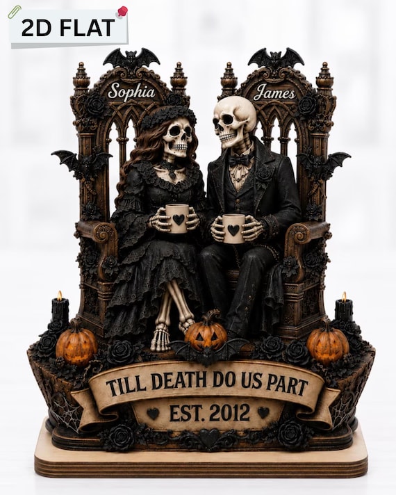 Personalized Gothic Couple Gift, Skeleton Couple 2 Layer Wooden Plaque, Custom Names Anniversary Decor, Halloween Wedding Gift