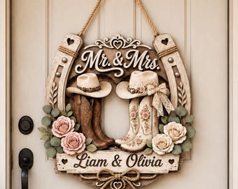 Letrero personalizado de dos capas para puerta de boda estilo western, decoración de pareja con botas vaqueras, regalo rústico con herradura.