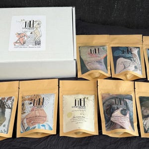 Pu&ograve; includere: Una scatola bianca con un adesivo e diverse bustine di carta kraft con chicchi di caff&egrave;. Le bustine presentano arte astratta colorata e testo. La scatola ha un adesivo con un disegno di due figure e la scritta "Intangible Coffee".
