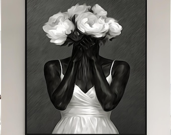 Black Woman Floral Wall Art Printable – White Flowers Head Portrait, Emotional Minimal African Art