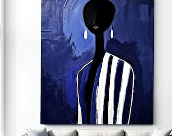 Abstracte zwarte vrouw kunst aan de muur, diepblauwe moderne afrocentrische schilderkunst, luxe minimale woondecoratie afdrukbaar