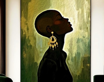 Afrocentric Woman Printable Wall Art, Modern Black Woman Portrait, Earthy Green African Art, Elegant Minimal Home Decor Download
