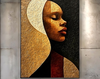 Afrocentric Black Woman Wall Art, Modern Earthy Portrait Printable, Minimalist Neutral Living Room Decor, Fine Art Digital Download