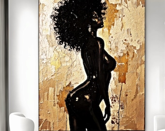 Gold Afro Woman Wall Art Canvas, Black Woman Silhouette Painting, Luxury Abstract African Art Print, Modern Glam Living Room Decor