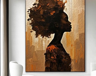 Abstract Afro Woman Wall Art – Elegant Black Woman Portrait – Modern Neutral Home Decor – Textured African Art Print