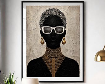 Luxury Black Woman Wall Art Printable, Modern Fashion Afro Portrait, Elegant Gold Neutral Decor, Chic Black Feminine Living Room Wall Art