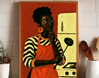 Afrocentric Kitchen Wall Art Print | Black Woman Cooking Illustration | Warm Orange Modern Art | African American Home Decor