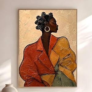 May include: A textured oil painting on canvas depicting a person in profile with dark skin, wearing a large gold hoop earring and a multi-colored blazer in shades of burnt orange, mustard yellow, and muted green against a cream-colored background.