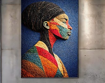 Afro Abstract Woman Wall Art Canvas, Colorful Textured Portrait Painting, Modern African Art Print, Bold Boho Home Decor, Statement Art