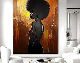 Black Woman Afro Silhouette Wall Art, Gold Brown Abstract Canvas Print, Luxury Large Statement Living Room Decor, Modern African Painting