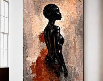 Neutral African Woman Wall Art, Minimal Afro Silhouette Canvas, Beige Abstract Female Portrait, Modern Elegant Home Decor