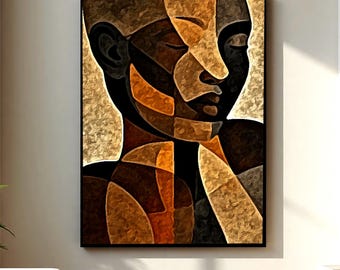 Abstract African Figurative Wall Art, Earth Tone Modern Portrait, Storytelling Minimal Artwork, Contemporary Neutral Decor