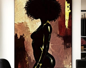 Black Woman Wall Art Afro Silhouette, Modern African American Decor, Luxury Neutral Abstract Portrait, Elegant Living Room Wall Decor