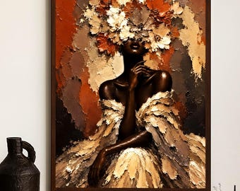 black woman wall art printable, african american art print, floral portrait digital , terracotta boho bedroom decor, oil painting style