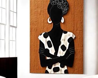 Modern Minimal African Woman Wall Art – Black Silhouette Canvas, Neutral Abstract Portrait, Scandinavian Style Home Decor