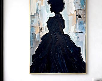 Elegant Black Woman Dress Wall Art Canvas, Blue Silhouette Painting, Modern Feminine Abstract Art, Minimal Luxury Home Decor
