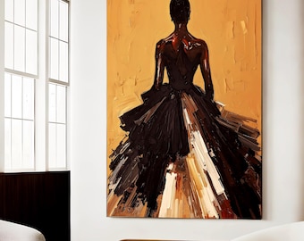 Elegant Black Woman Wall Art, Fashion Abstract Canvas, Gold Neutral Painting, Modern Luxury Female Silhouette Decor