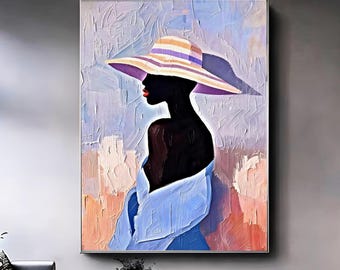 Black Woman Minimal Art Print, Elegant Afrocentric Wall Art, Neutral Modern Portrait with Hat, Luxury Home Decor
