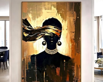 Black Woman Wall Art Gold Accent, African American Decor, Modern Abstract Portrait, Elegant Home Wall Decor