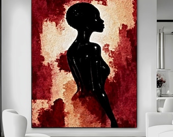 African Woman Wall Art Red Black, Modern Silhouette Canvas, Afro Female Portrait Print, Luxury Minimalist Home Decor, Statement Wall Art