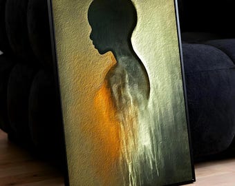 Abstract Silhouette Art Print, Green Gold Face Profile (Digital Download)