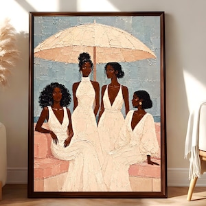 May include: A framed wall art print depicting four individuals with dark skin tones wearing white dresses under a large beige parasol. The scene features a textured blue background and a pinkish-tan ledge, rendered in an impasto painting style.