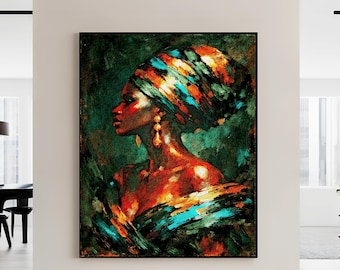 Colorful African Woman Wall Art Canvas, Afro Abstract Portrait, Green and Gold Textured Painting, Modern Ethnic Home Decor