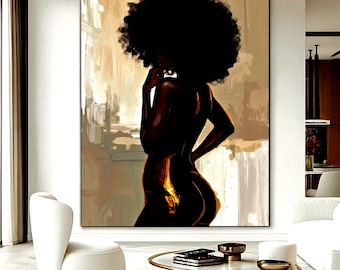 Black Woman Silhouette Wall Art, Afro Curly Hair Feminine Abstract Painting, Luxury Neutral Modern Home Decor Printable